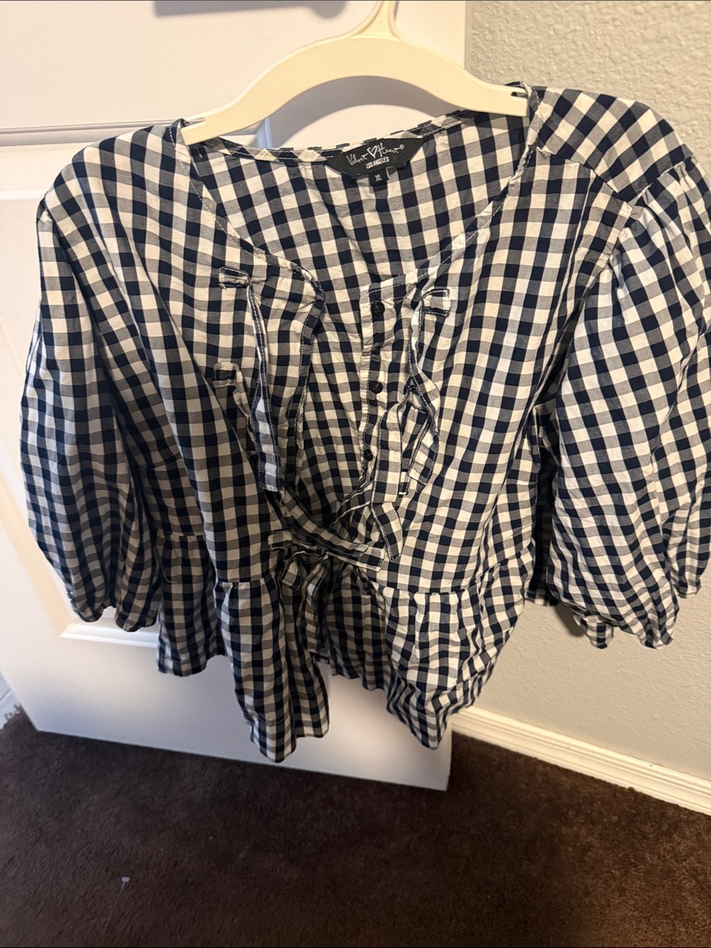 Vineyard Vines Navy and White Gingham Lace-Up Blouse